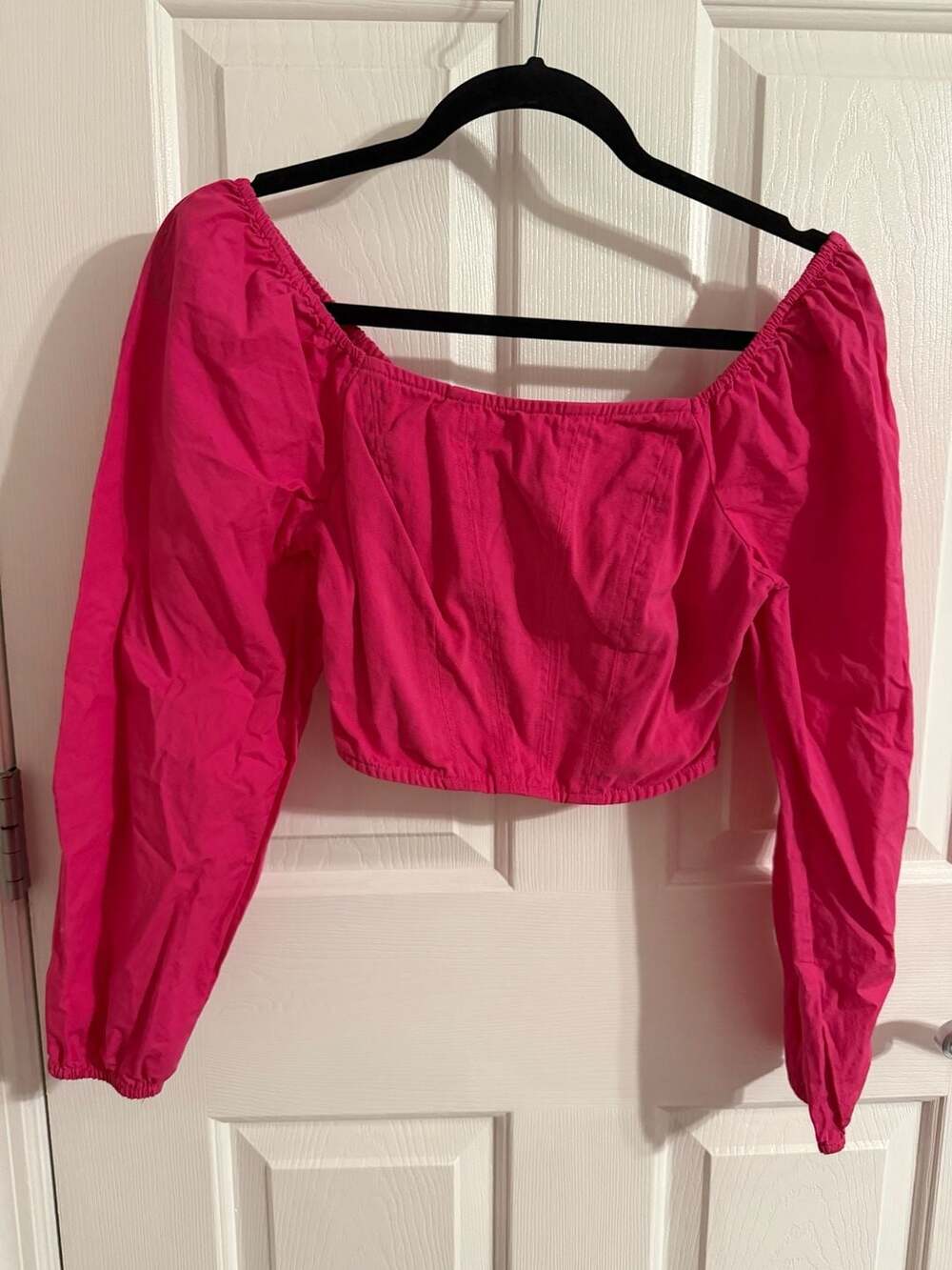Japna Hot Pink Smocked Square Neck Long Sleeve Crop Top. Size Small.
